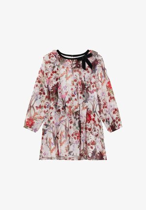 Abito lungo a maniche lunghe in tessuto trasparente con volants, stampa multicolore di fiori e farfalle, fiocco in nastro nero al girocollo.