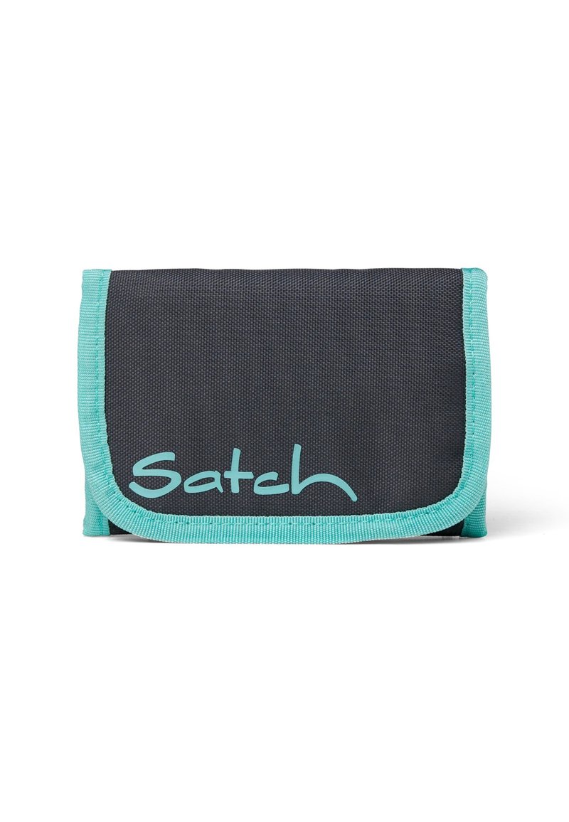 Gray wallet with turquoise trim, made of textured fabric. Features a flap closure with "Satch" logo in a cursive font. Compact design.