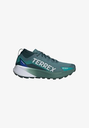 Scarpa da corsa leggera color teal con tomaia in rete traspirante, logo "TERREX" bianco e suola in gomma testurizzata, dotata di una intersuola ammortizzata.