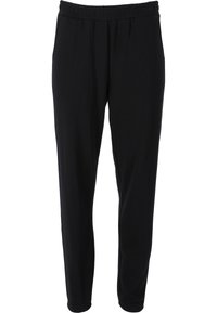 Sorte joggerbukser med elastisk talje, blødt stof, tapered design og glat tekstur, velegnet til casual brug.