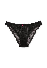 Black lace thong with a ruffled edge, featuring floral patterns and a pink decorative button at the back center. Transparent and delicate texture.