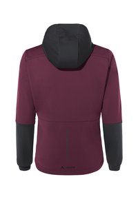 Marone Sportjacke mit schwarzer Kapuze, kurzen Ärmeln und kontrastierenden schwarzen Bündchen. Verfügt über reflektierende Punkte auf dem Rücken und ein Logo am Saum.