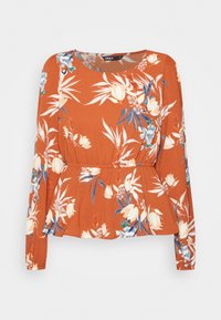 Rostrote Peplum-Bluse mit langen Ärmeln, die mit weißen und blauen Blumenmustern verziert ist, und einem runden Halsausschnitt. Hergestellt aus leichtem Stoff.