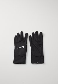 Sorte idrettshansker laget av et glatt stoff. Har en tett passform, forlengede fingre og en hvit Nike-logo aksent på håndleddet.