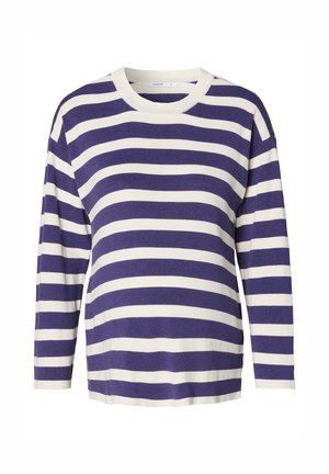 Gestreepte langemouwen trui in paars en crème. Beschikt over een ronde hals, geribbelde textuur en relaxed fit. De strepen zijn gelijkmatig verdeeld.