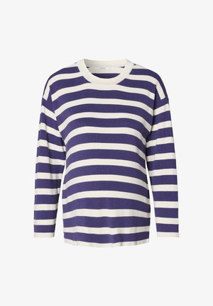 Gestreepte langemouwen trui in paars en crème. Beschikt over een ronde hals, geribbelde textuur en relaxed fit. De strepen zijn gelijkmatig verdeeld.