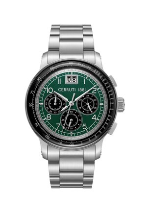 Chronografové hodinky z nehrdzavejúcej ocele so zeleným ciferníkom, tromi subčíselníkmi, okienkom na dátum na pozícii 12 hodín a striebornými značkami hodín a ručičkami.