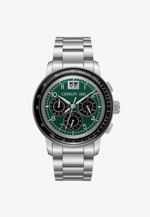 Orologio cronografo in acciaio inox con quadrante verde, tre sub-quadranti, finestra della data alle ore 12 e indici delle ore e lancette argentati.
