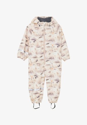 Beige kinderslaappak met capuchon en ruimte-thema print met raketten, planeten, wolken en sterren, elastische manchetten en ritssluiting aan de voorkant.