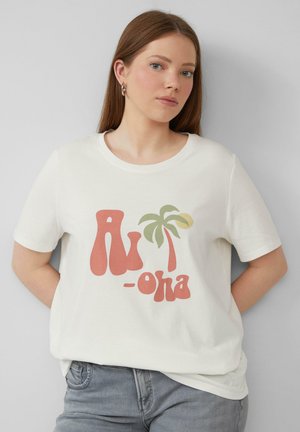 T-shirt en coton blanc arborant un graphisme coloré avec "Aloha" et un motif de palmier. Encolure arrondie et manches courtes.