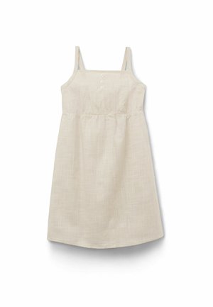 Beżowa sukienka bez rękawów z cienkimi ramiączkami, kwadratowym dekoltem, trzema małymi guzikami na piersi oraz lekko marszczonym talią.