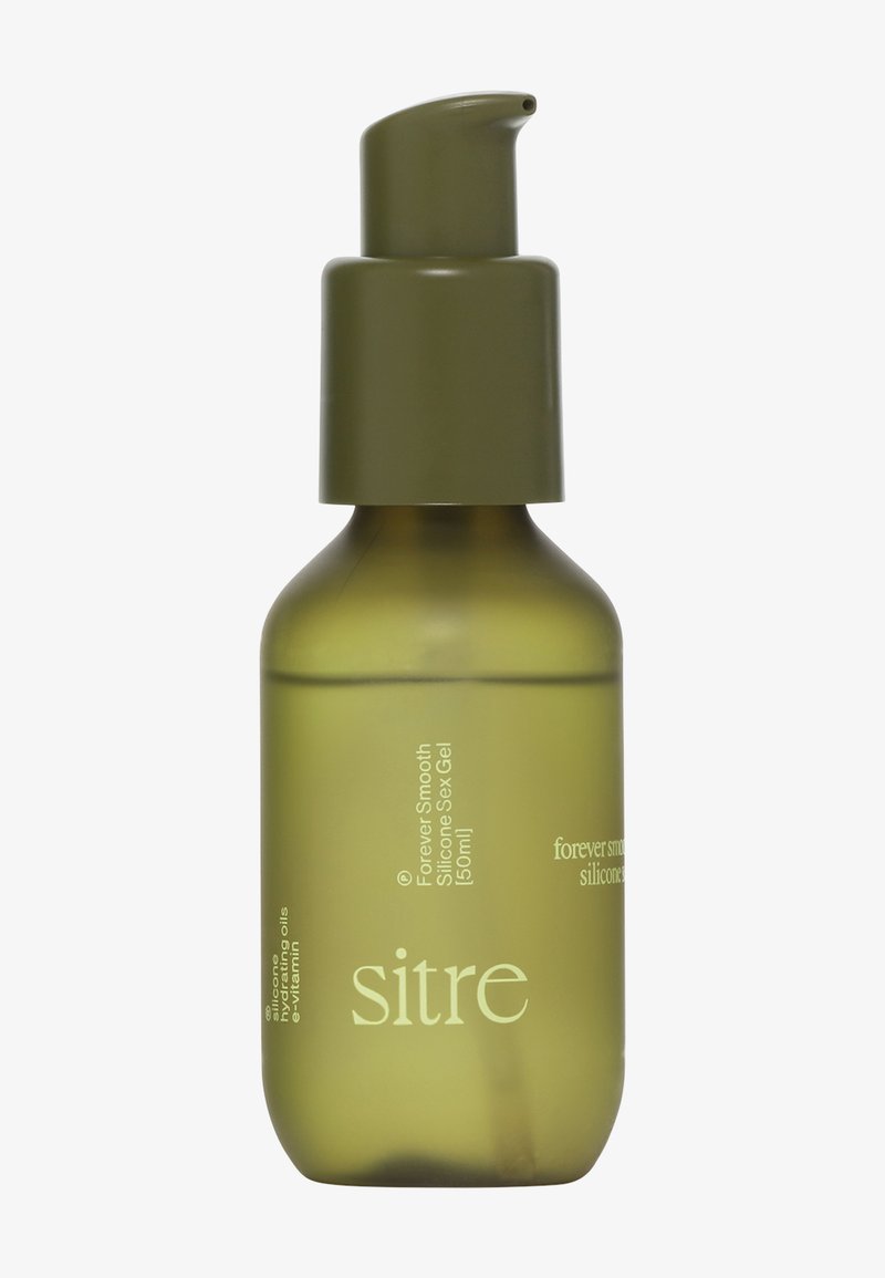 Flacon pompe vert olive étiqueté "sitre" contenant du gel sexuel Forever Smooth au silicone, 50 ml, avec des huiles hydratantes et de la vitamine E.