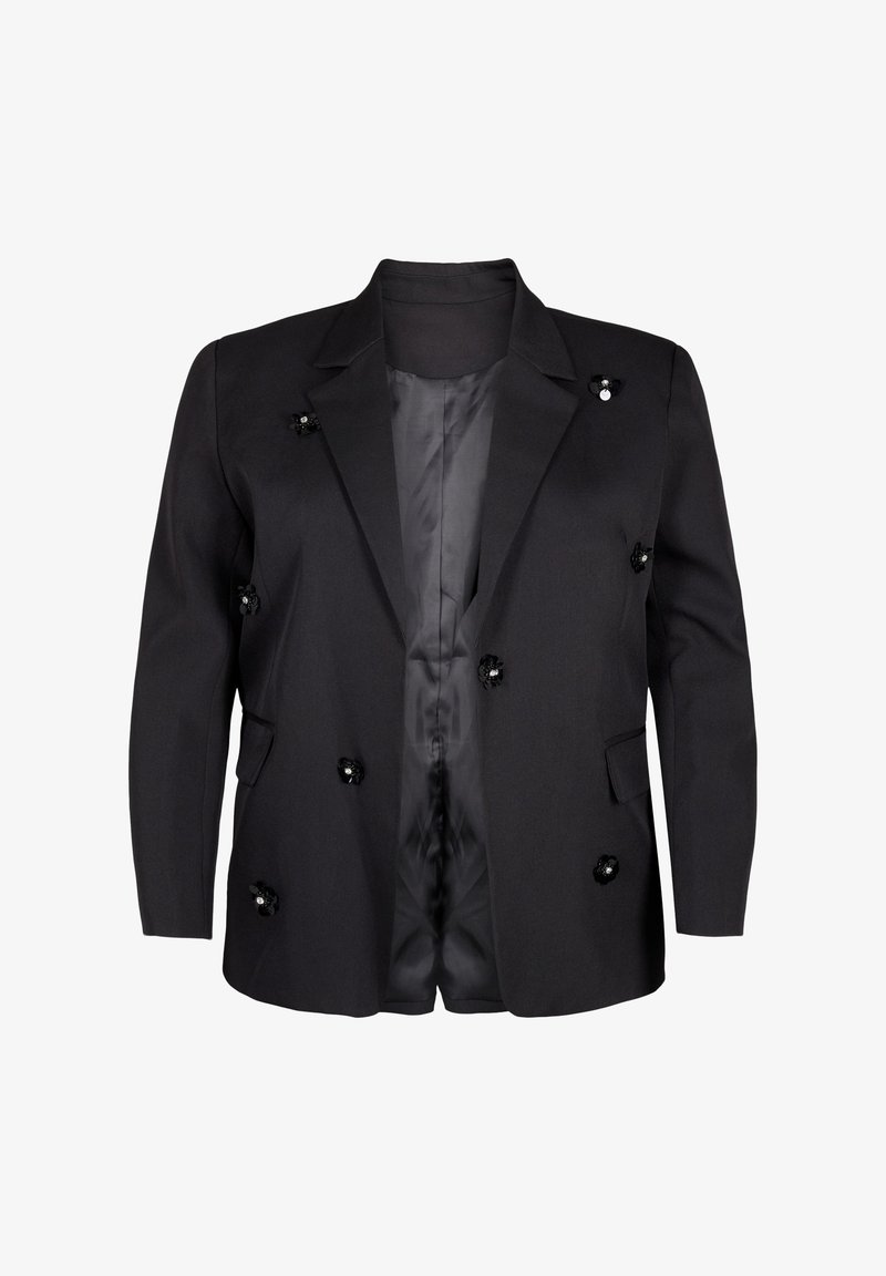 Schwarzer Blazer mit tailliertem Design, langen Ärmeln, vorderen Taschen und dekorativen schwarzen Blumenakzenten. Glattes, leichtes Material mit satinierter Fütterung.