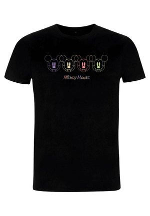 Black cotton t-shirt featuring four stylized Mickey Mouse head designs in gradient colors with the text "Mickey Mouse" below.