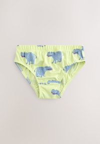 Vaikiški šortai šviesiai žalios spalvos audiniu, kuriame pasikartoja mėlyni begemotai. Juosmens juosta yra elastinė, užtikrinanti tvirtą prigludimą.