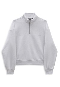 Sweat-shirt gris avec un col montant et une courte fermeture éclair. Présente une coupe ample et des manches longues avec des poignets ajustés. Texture lisse, design minimaliste.