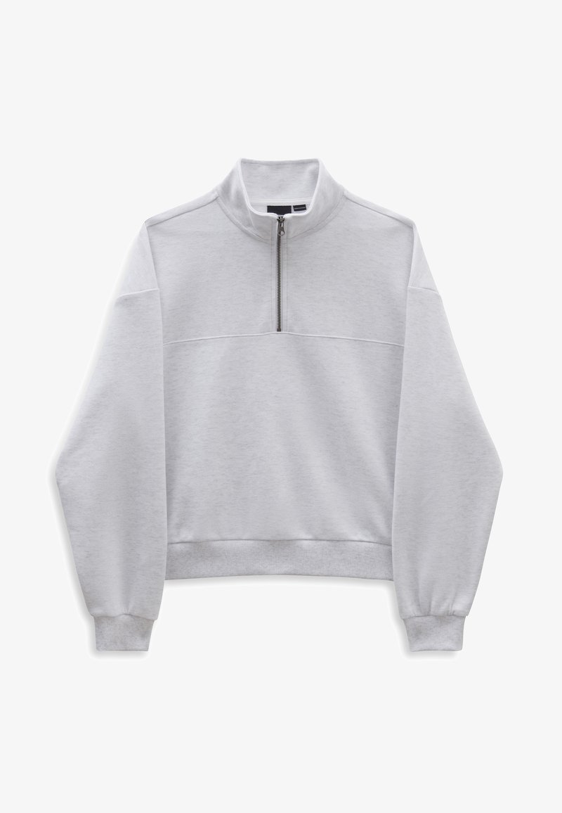 Sweat-shirt gris avec un col montant et une courte fermeture éclair. Présente une coupe ample et des manches longues avec des poignets ajustés. Texture lisse, design minimaliste.