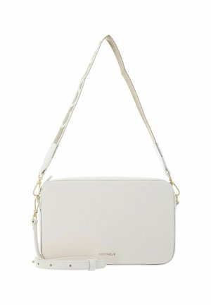 Sac bandoulière rectangulaire blanc en cuir avec deux sangles réglables, ferrures dorées et logo de marque subtil au centre avant.