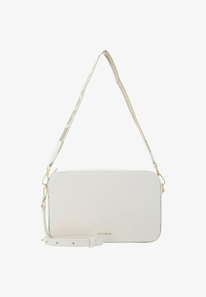 Borsa a tracolla rettangolare bianca in pelle con due tracolle regolabili, dettagli in oro e logo del marchio discreto al centro anteriore.