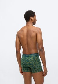 Πράσινα ανδρικά μποξέρ με σχέδιο φύλλων, με σκουρόχρωμη μέση που φέρει το λογότυπο "BJÖRN BORG". Το ύφασμα φαίνεται μαλακό με εφαρμοστή σχεδίαση.