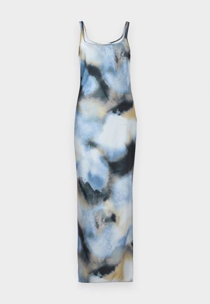 Maxi dress in lightweight fabric featuring a watercolor pattern in blue, black, and beige. It has a fitted shape and spaghetti straps.