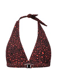 Reggiseno bikini leopardato in rosso e nero. Presenta una scollatura a halter legata e una chiusura a gancio regolabile. Tessuto liscio e elasticizzato.