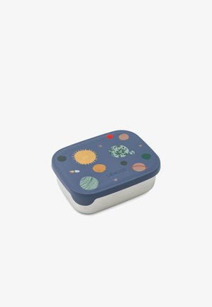 Blue planet-themed lunch box with stainless steel base, featuring colorful celestial designs, round corners, and a secure lid.
