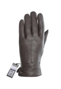 Rudos odinės pirštinės su keturiais pirštais, trims dekoratyvinėms siūlėms ant nugaros ir ženklu, nurodančiu, kad jos yra suderinamos su lietimui jautriais ekranais.