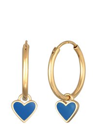 Guldörhängen med en avtagbar hjärtformad charm i blå emalj. Designen har en slät, polerad yta och en säker låsning.
