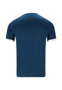 Marinblå kortärmad T-shirt med en slät yta, med en vit krage och ärmdekorationer, samt en klassisk passform.