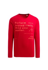 Red long-sleeve t-shirt made of soft fabric, featuring printed motivational text and icons in contrasting beige, round neckline, and regular fit.