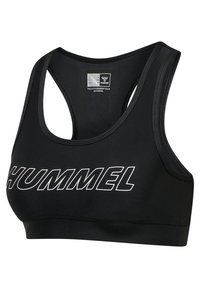 Czarny stanik sportowy wykonany z elastycznego materiału z tylnym krojem typu racerback. Posiada wyraźne białe logo "HUMMEL" z przodu, gładka tekstura.