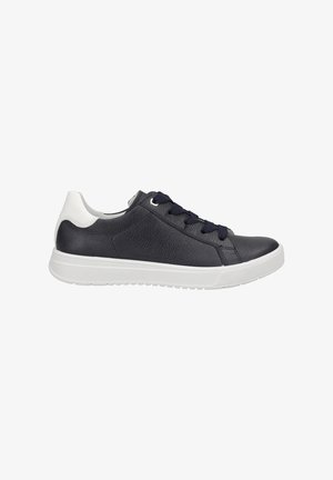 Men's sneakers in dark navy leather with a textured finish, white heel, and navy laces. Features a rubber sole with patterned tread for grip.