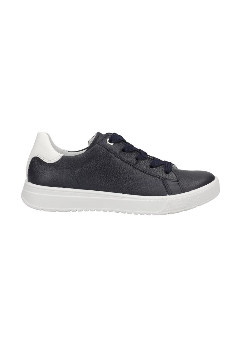 Sneakers da uomo in pelle blu scuro con una finitura texture, tallone bianco e lacci blu. Presentano una suola in gomma con battistrada a motivo per una migliore aderenza.