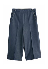 Tumši zili džinsu šorti ar taisnu kāju, krokām un sešiem dekoratīviem sudraba pogām kreisajā pusē. Gluda tekstūra.