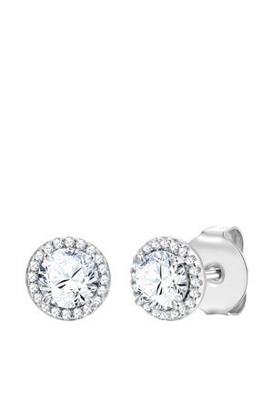 Pair of silver stud earrings, each with a central round clear gemstone surrounded by a circle of smaller clear stones.