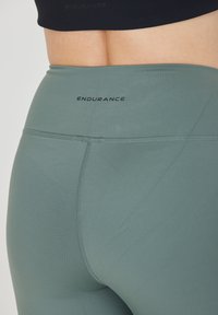 Gröna sportleggings med hög midja, med flata sömmar och "ENDURANCE"-logotypen i svart bakpå. Slät textur.