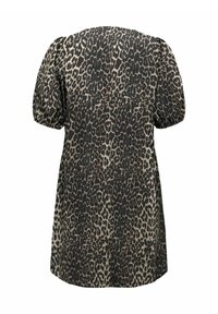 Leopardmönstrad klänning i lätt material. Kort puffärmar med rund halsringning och en avslappnad passform. Jordnära färger dominerar mönstret.