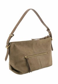 Borsa a tracolla in pelle marrone con una sola tracolla, dotata di chiusura con zip sulla parte superiore e tasca con zip frontale, texture liscia e dettagli in metallo dorato.