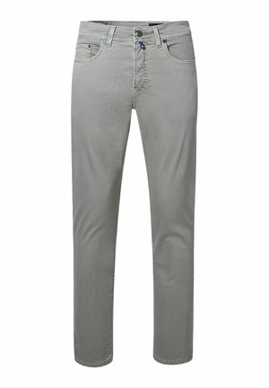 Grijze katoenen broek met een slim fit, voorzien van twee voorzakken en een enkele achterzak, afgewerkt met een knoopsluiting en ceintuurlussen.