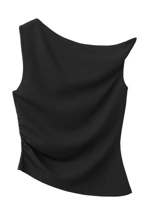 Haut noir asymétrique sans manches avec un design à une épaule et un léger froncé sur un côté.