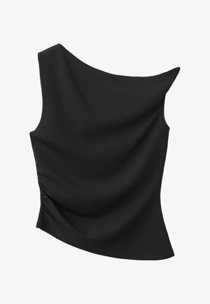 Haut noir asymétrique sans manches avec un design à une épaule et un léger froncé sur un côté.