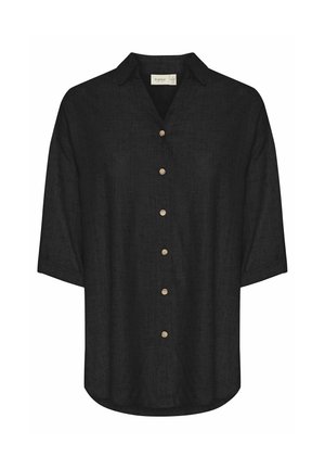 Chemise en lin noire avec col, sept boutons sur le devant et manches courtes. Présente un tissu texturé avec une coupe décontractée.
