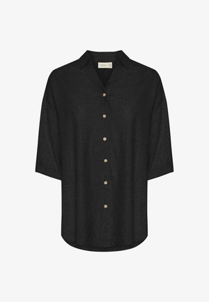 Chemise en lin noire avec col, sept boutons sur le devant et manches courtes. Présente un tissu texturé avec une coupe décontractée.