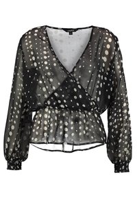 Blusa lunga nera trasparente con pois bianchi, davanti avvolgente, vita arricciata e polsini elastici.