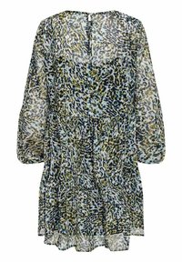 Genomskinlig klänning med långa ärmar, med ett flerfärgat leopardmönster i blått, grönt och svart. Lätt insydd midja och detalj med nyckelhål i ryggen.