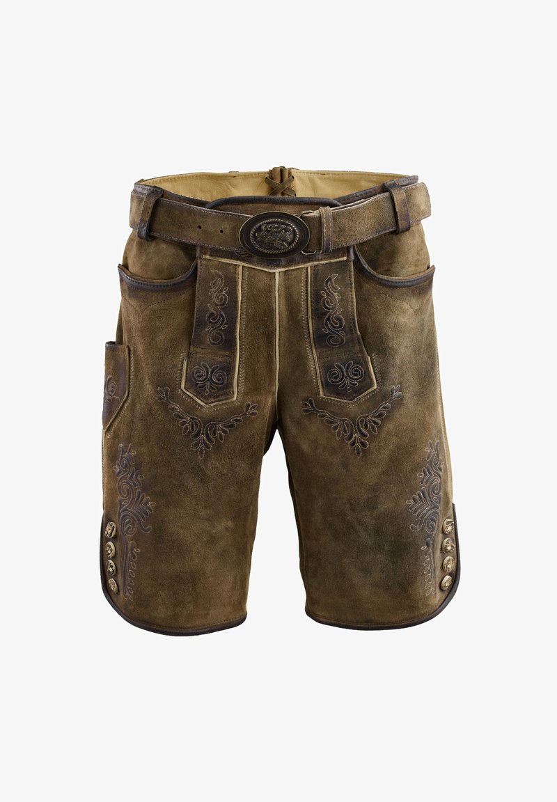 Braune Lederhosen mit bestickten Mustern, einem Gürtel mit einer kunstvollen Schnalle und Seitentaschen. Verfügt über dekorative Knöpfe an den Seiten.