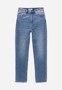 Jeans rectos azules con cinco bolsillos, trabillas para cinturón y cierre de botón, confeccionados con tejido de mezclilla de lavado medio.