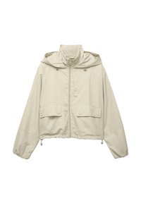 Hellbeige, taillierte Jacke aus leichtem Material, mit durchgehendem Reißverschluss, Kapuze, zwei Fronttaschen und verstellbaren Kordelzügen am Saum.