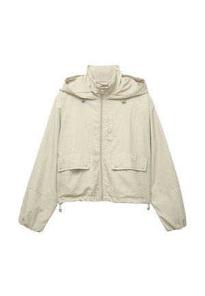 Lichtbeige cropped jack, gemaakt van lichtgewicht materiaal, met een rits aan de voorkant, capuchon, twee voorzakken en verstelbare koorden aan de onderkant.